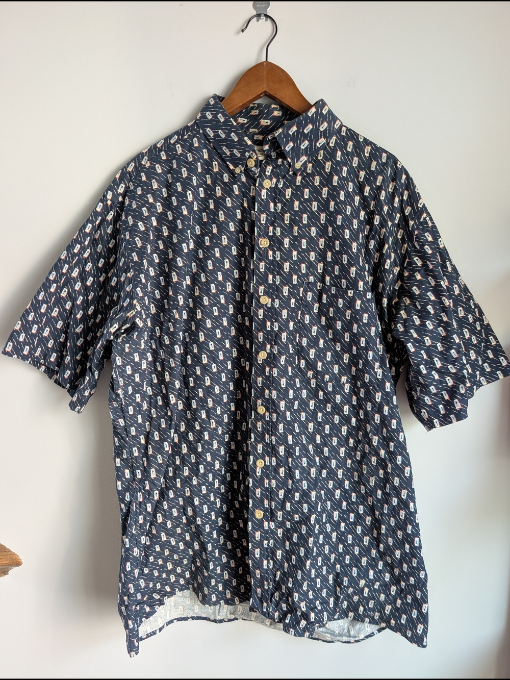 Vintage Natural Issue Men's XLT Button Up Shirt Blue Geo Abstract 90s Made Korea